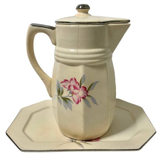 Vintage Ceramic‎ Teapot with Octagon Tray Pink Floral Hand Painted  Japan - Picture 3 of 13